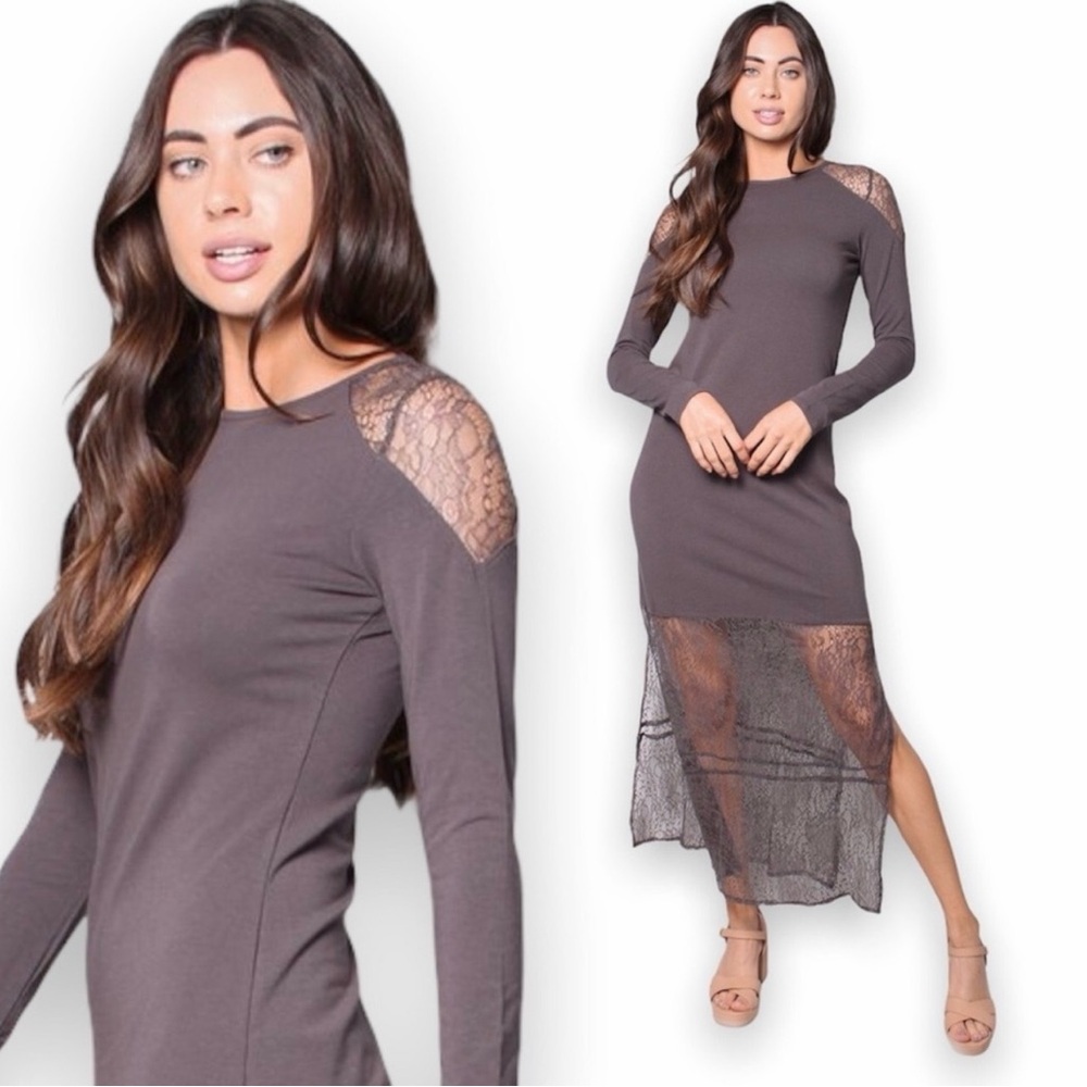 Paper Crane Gray Lace Shoulder Long Sleeve  Side Slit Maxi Midi Dress Size Small